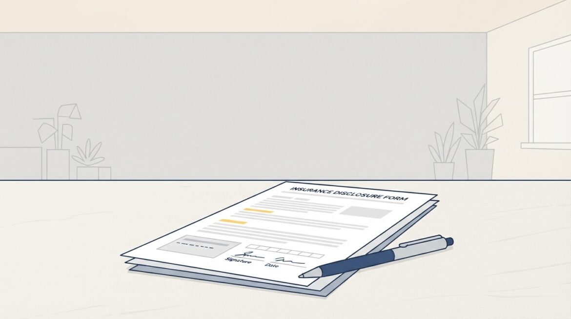 a printed insurance disclosure document with a pen resting on it
