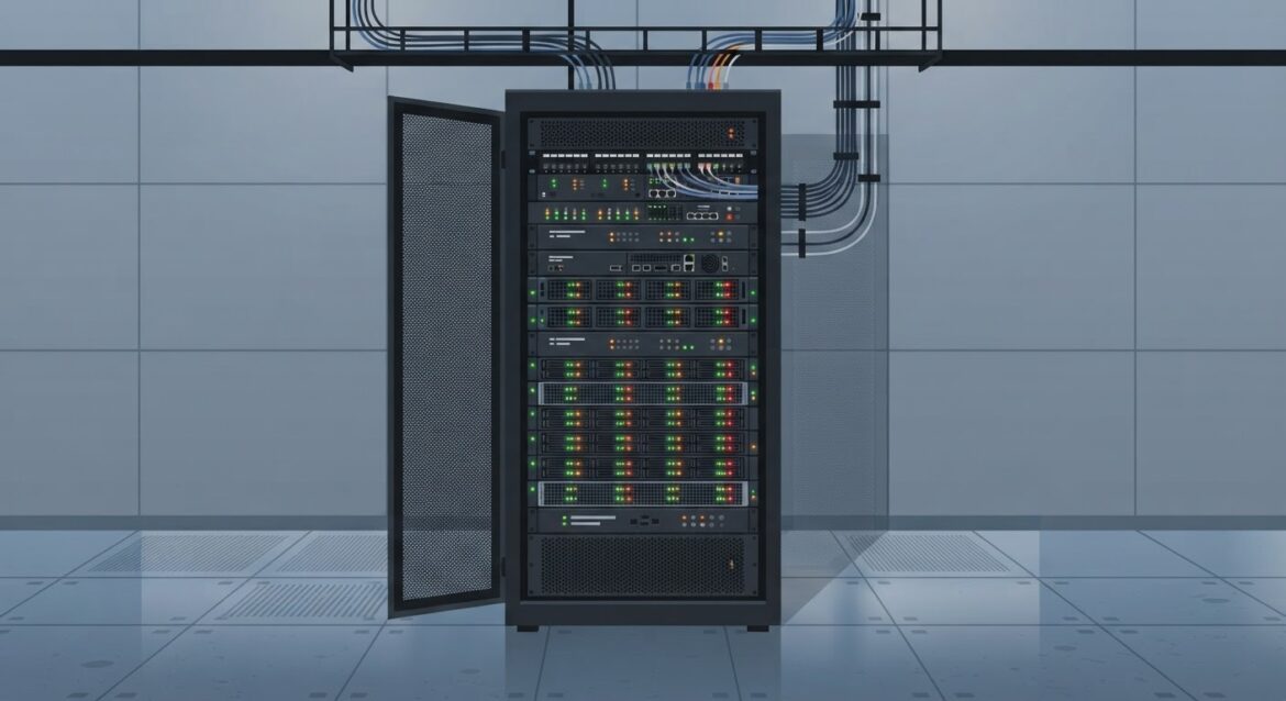a server room rack with blinking indicator lights
