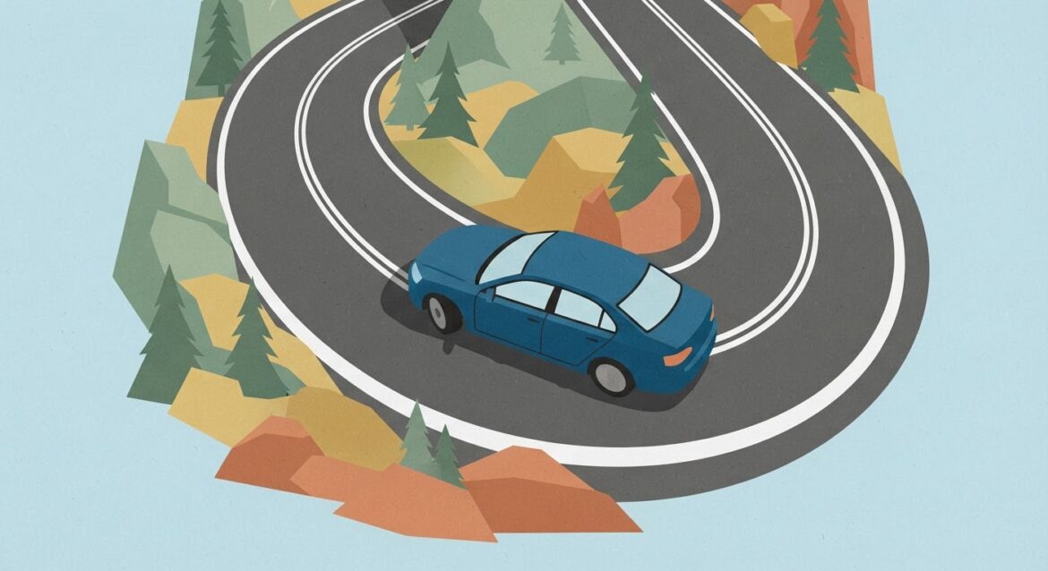 a car navigating a tight curved road from an elevated angle