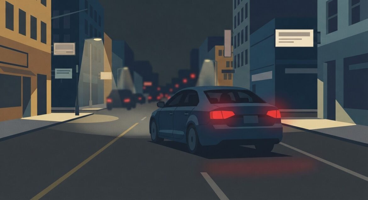 a car's brake lights illuminated at night on a city street