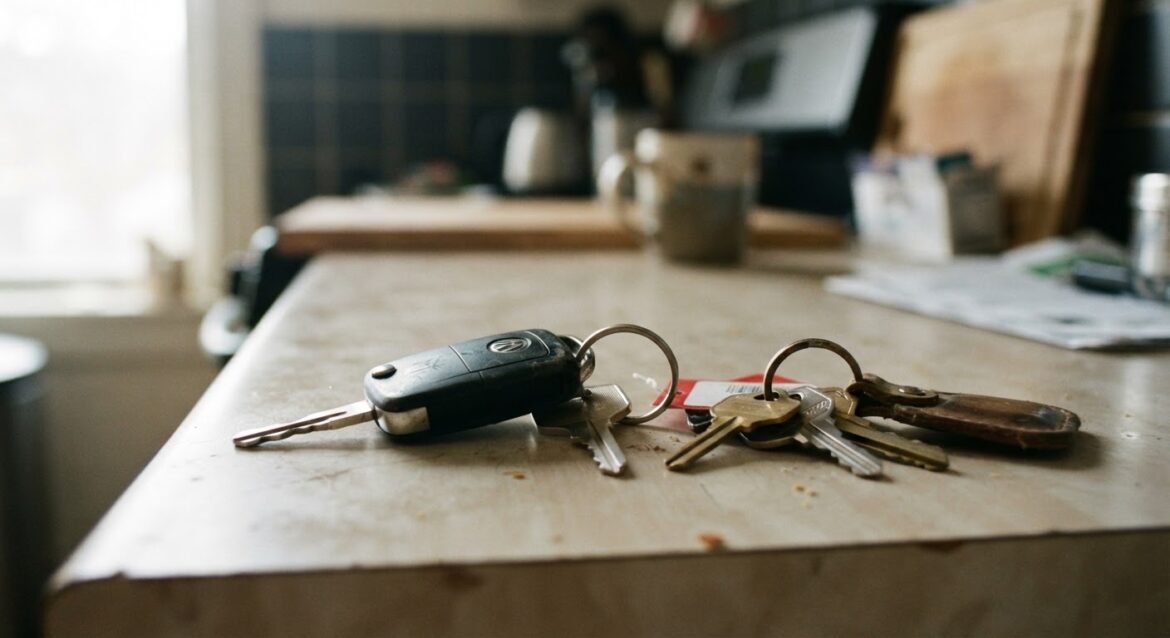 a car key resting on a kitchen counter next to a second set of keys