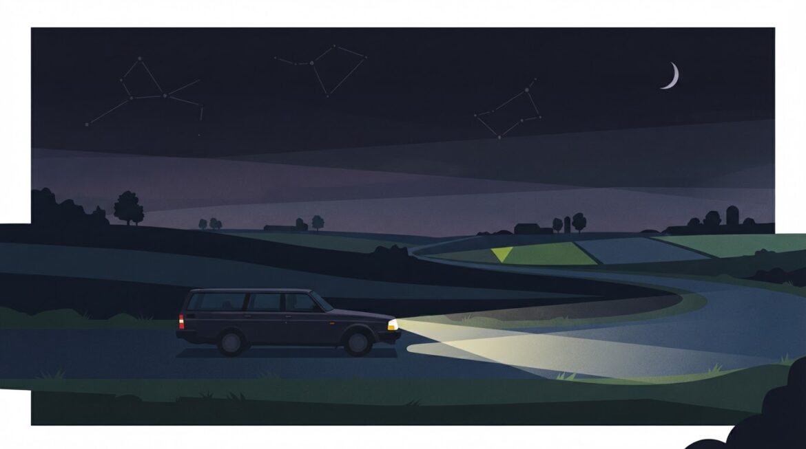 a car's headlights illuminating a dark rural road