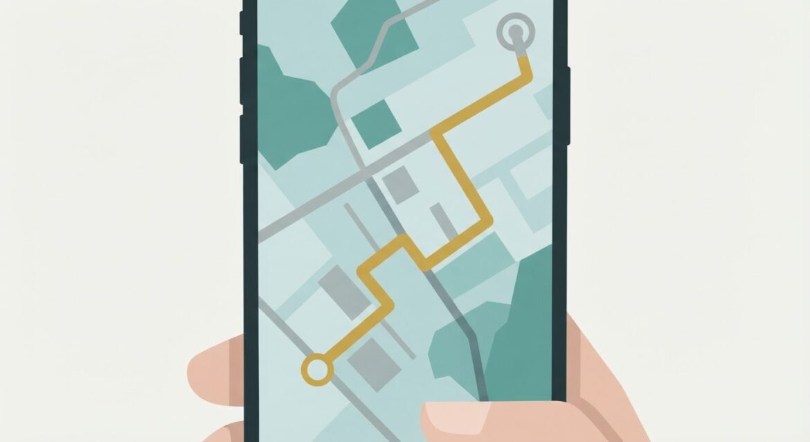 a map view with a highlighted driving route on a phone screen