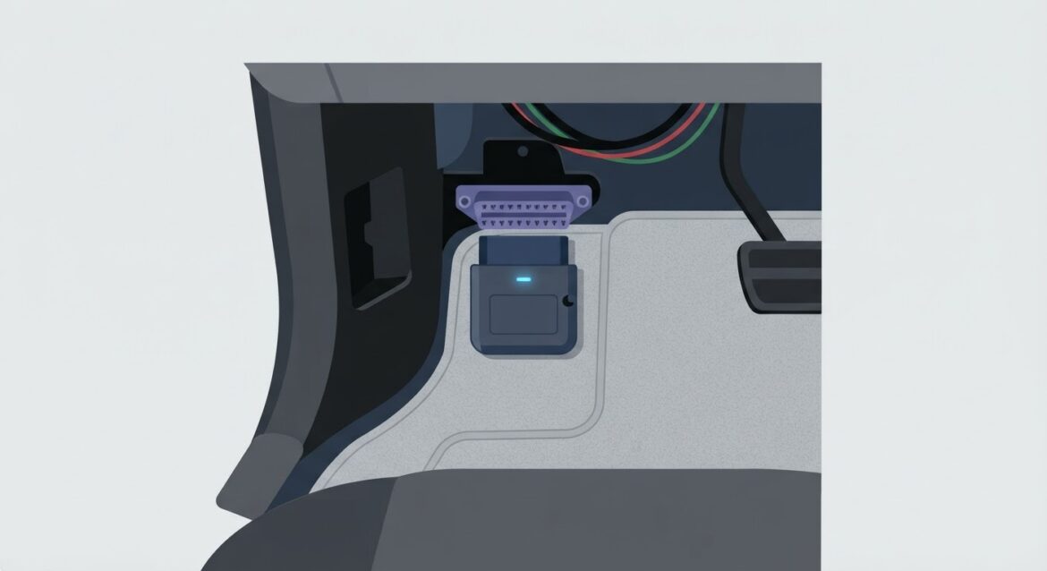 a small OBD-II telematics dongle plugged into a car's diagnostic port