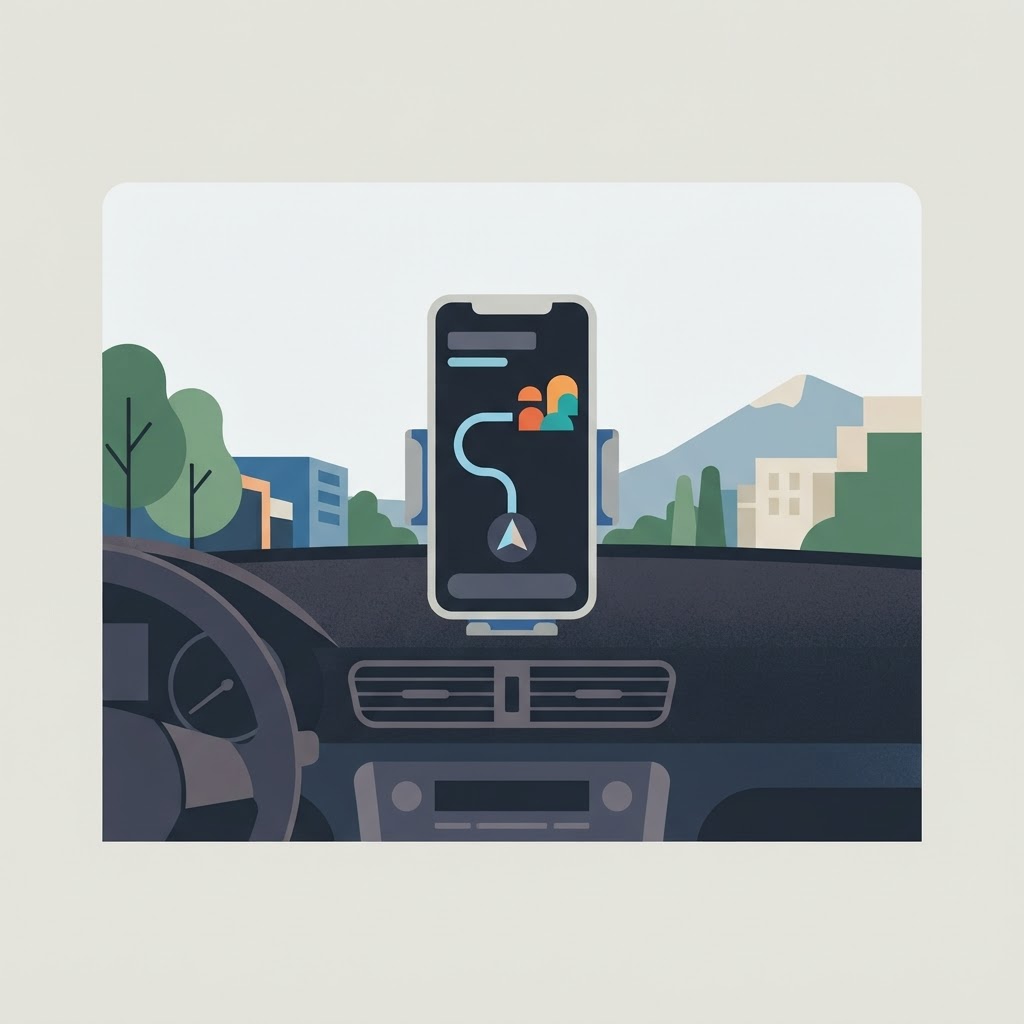 a smartphone mounted on a car dashboard showing a driving app screen
